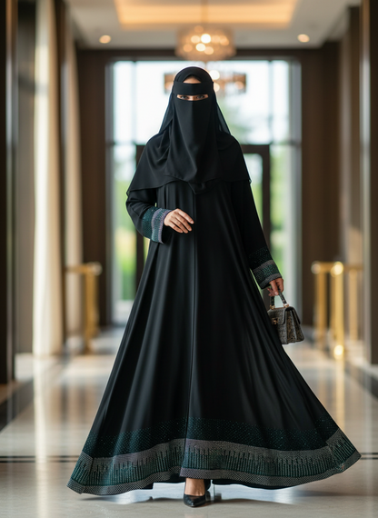 Black Double Layer Burqa with Blue and White Stonework in Premium Nida Fabric-Person wearing a black abaya in an indoor setting