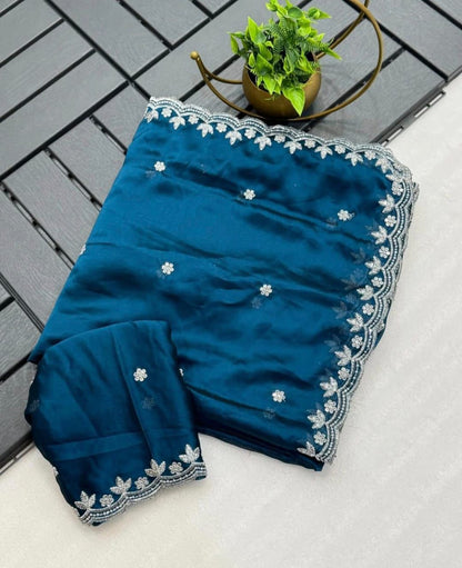 Embroidery Rangoli silk saree with silver sequence c-pallu and embroidered blouse — elegant festive wear-BLUE
