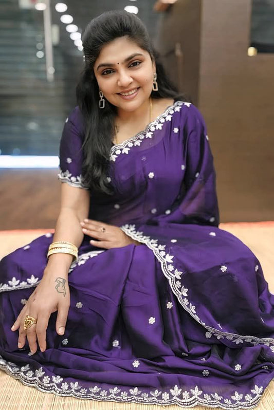 Embroidery Rangoli silk saree with silver sequence c-pallu and embroidered blouse — elegant festive wear