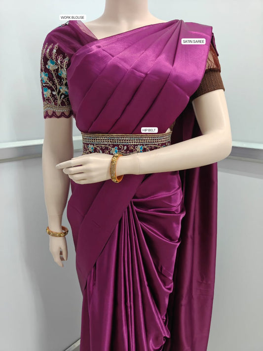 Purple-Fancy Combo Satin Saree with Netted Embroidery Blouse & Belt