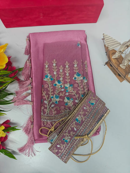 rosegold-Fancy Combo Satin Saree with Netted Embroidery Blouse & Belt