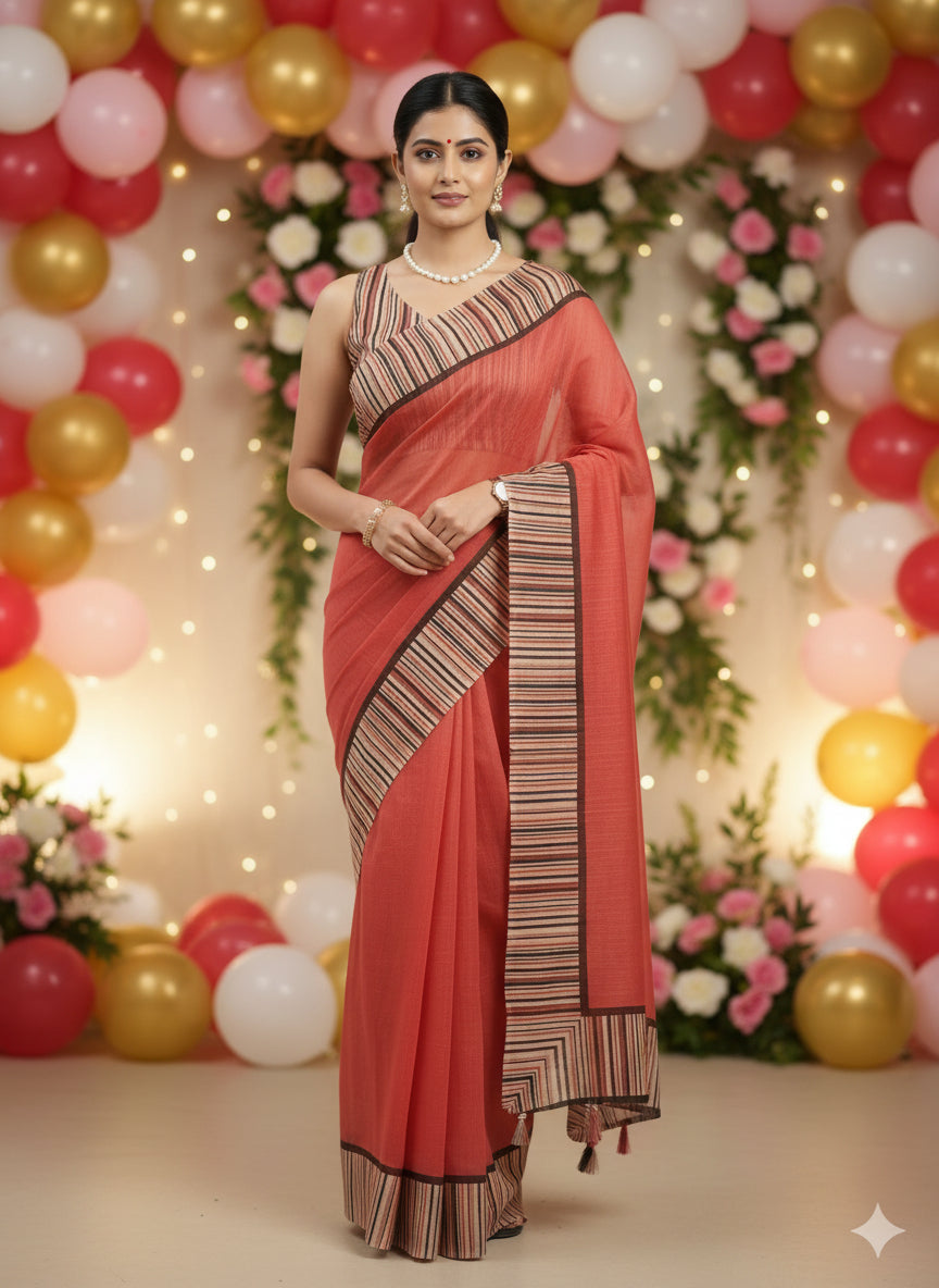 Woman wearing a red saree with a striped border on a white background-Lightweight Linen Cotton Saree for office and daily wear – soft breathable fabric