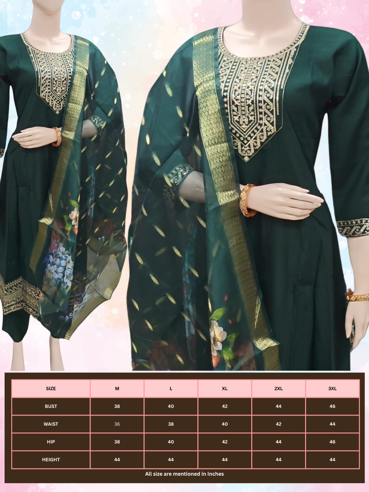 Green embroidered traditional outfit with a size chart on a light pink background