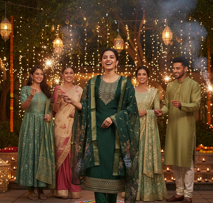 Group of people in traditional attire celebrating with fireworks and lights in the background