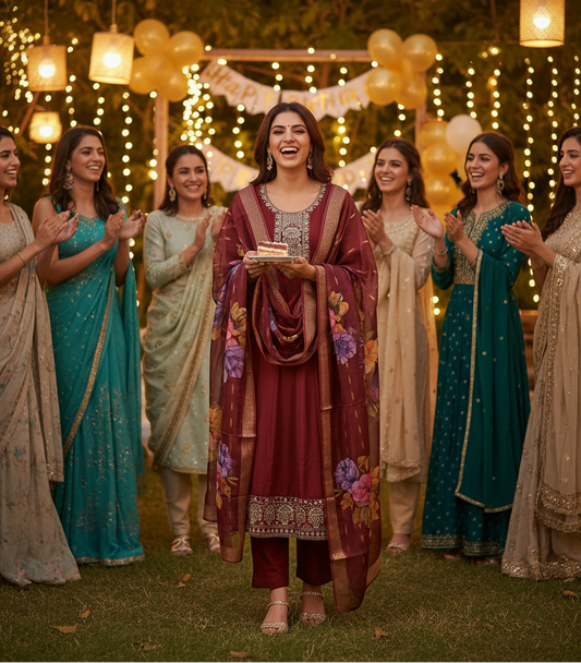 Woman in traditional attire holding a cake with friends in colorful sarees, decorated outdoor setting with lights and balloons.