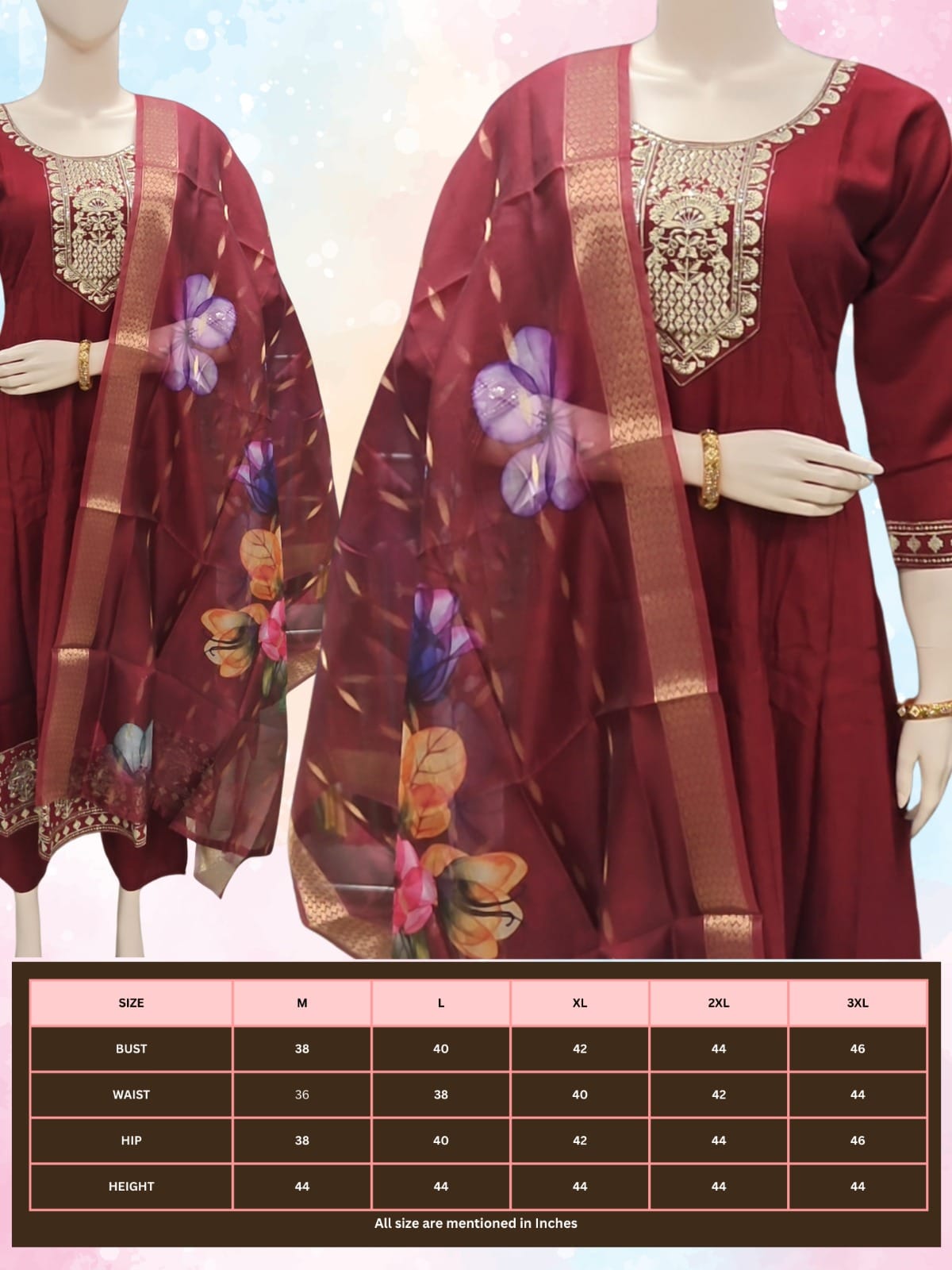 Maroon traditional outfit with floral dupatta on mannequin against a light background