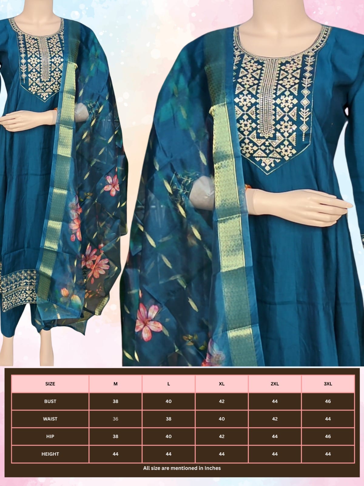 Teal traditional outfit with floral dupatta on mannequin against a light pink background