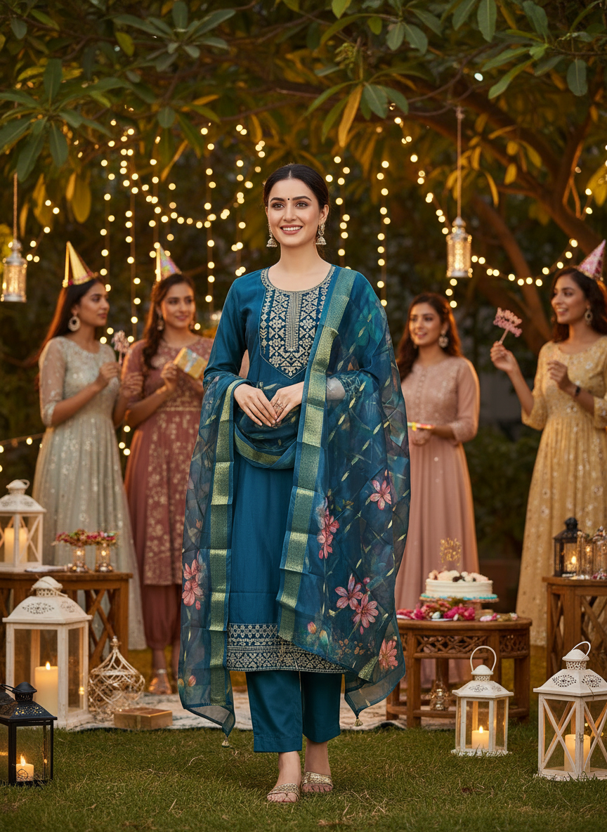 Woman in a blue traditional outfit standing outdoors with decorative lights and people in the background