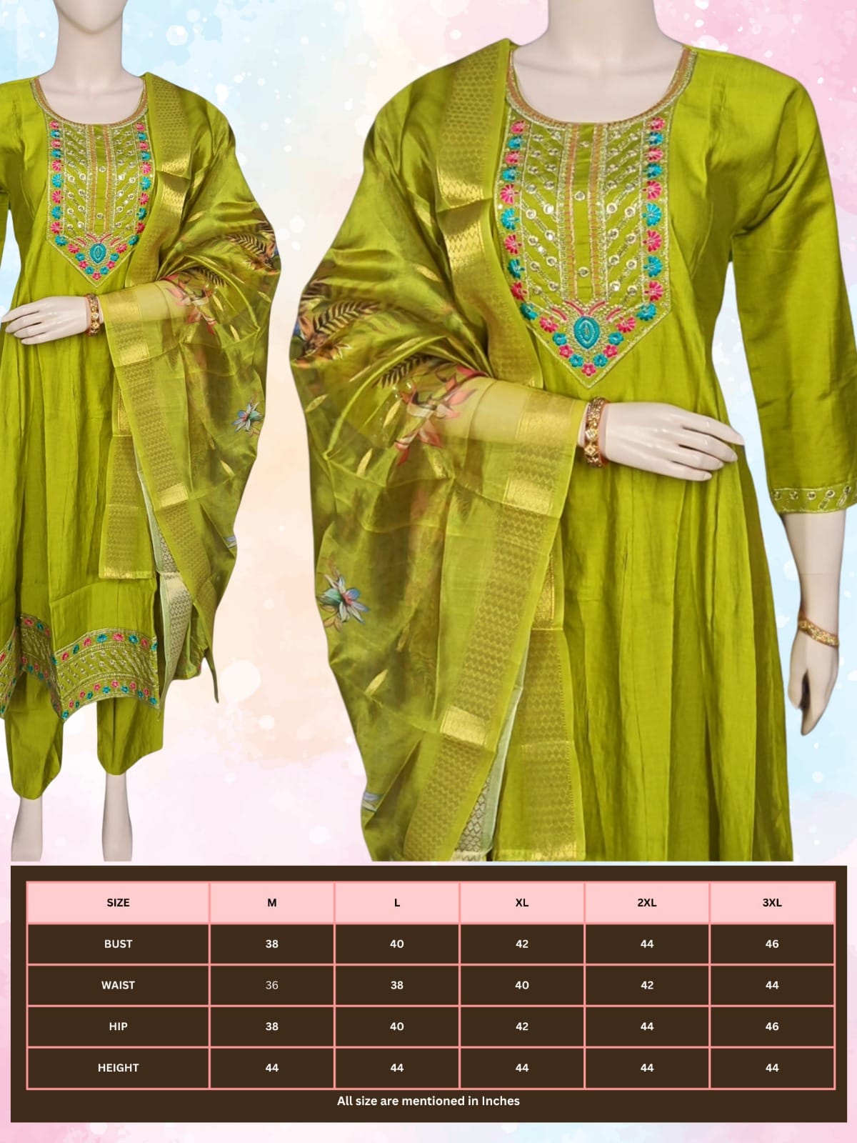 Olive Green embroidered traditional outfit on a mannequin with size chart below.