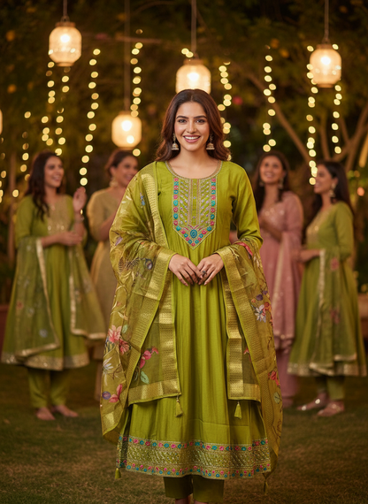 Woman in a green traditional outfit with other people in similar attire in a decorated outdoor setting.