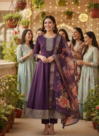 Woman in a purple traditional outfit with a floral dupatta standing on a balcony with plants and lights.