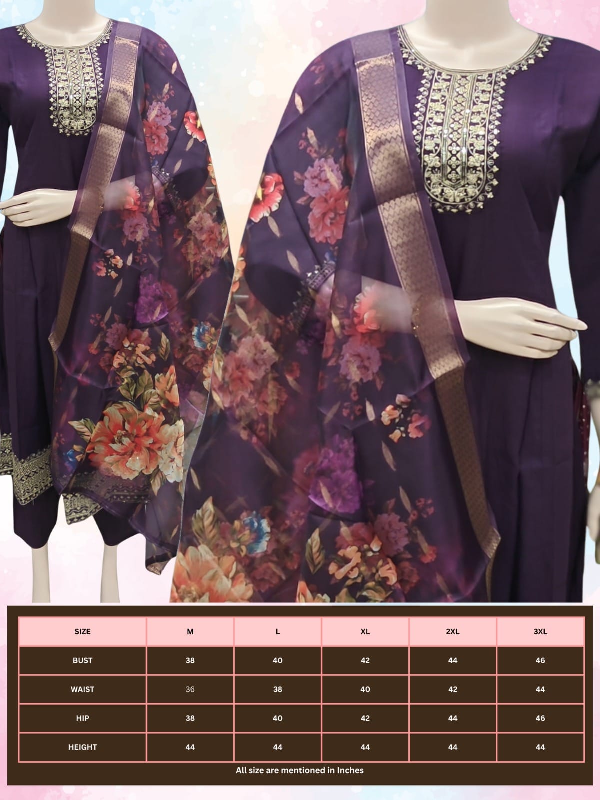 Purple floral dress with a matching shawl on a mannequin, size chart below.