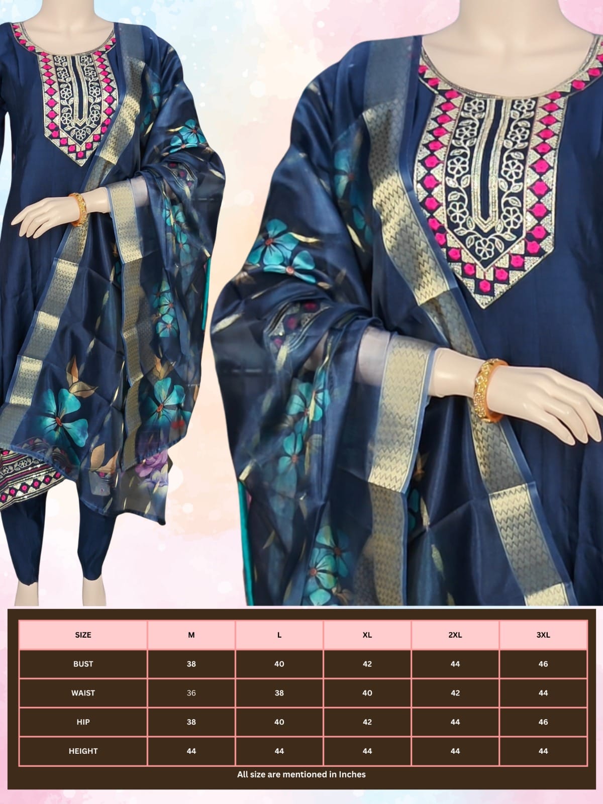 Navy blue traditional outfit with intricate patterns on a plain background