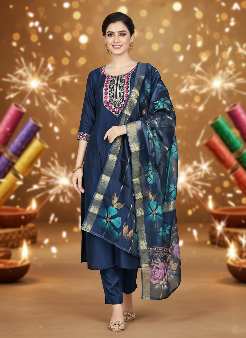 Woman in traditional outfit with fireworks in the background