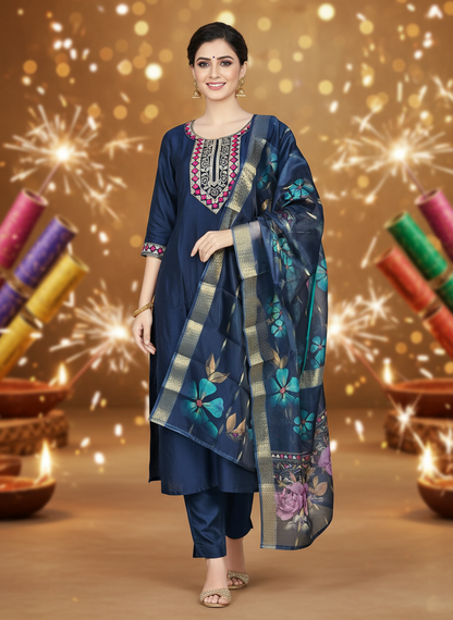 Woman in traditional outfit with fireworks in the background