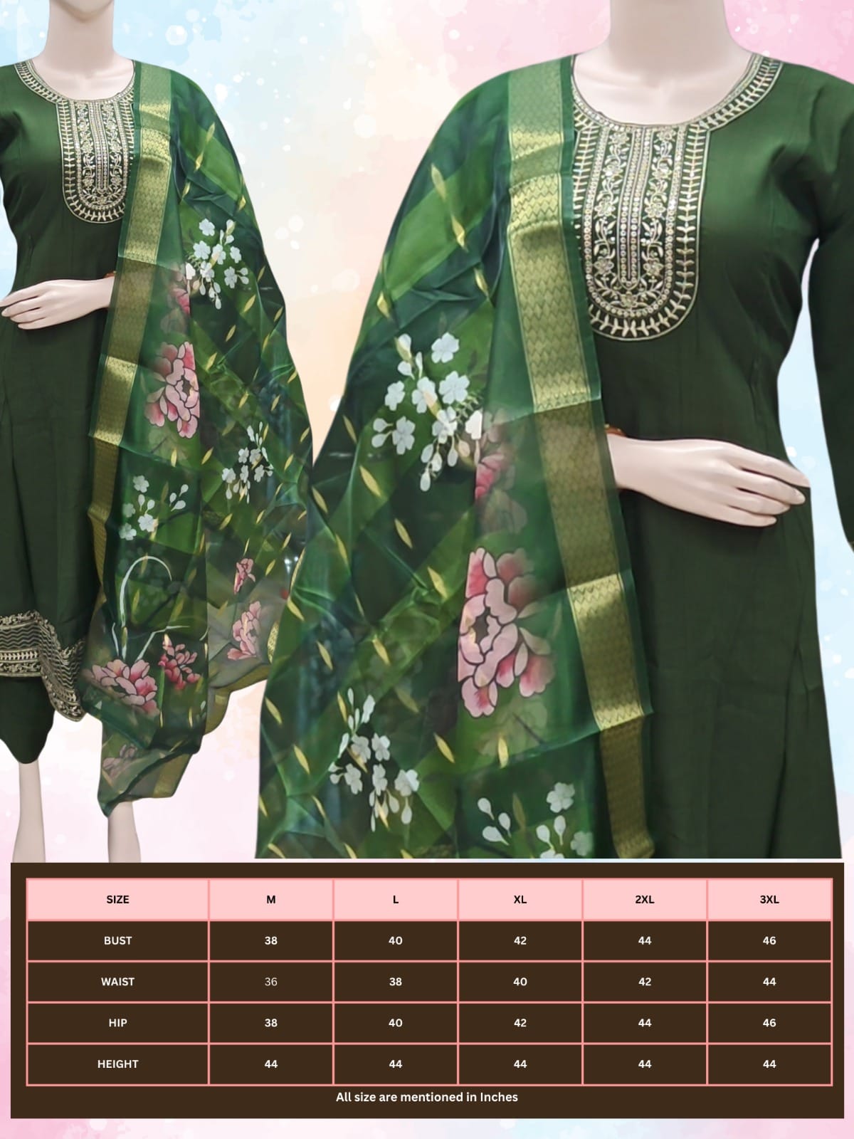 Green traditional outfit with floral patterns on a mannequin against a light pink background.