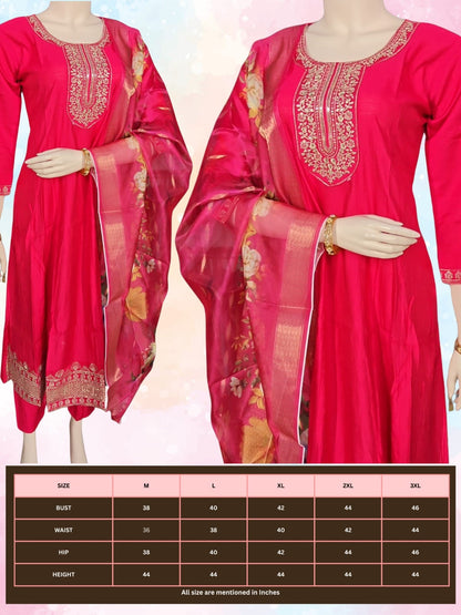 KUR-3PC-001-Red-Vatican Fabric Premium Kurti 3PCS Set with umbrella cut top, plain pant, and floral dupatta – Rafia Fashions