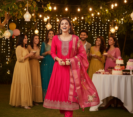 Woman in a red traditional outfit with a festive background and size chart at the bottom.