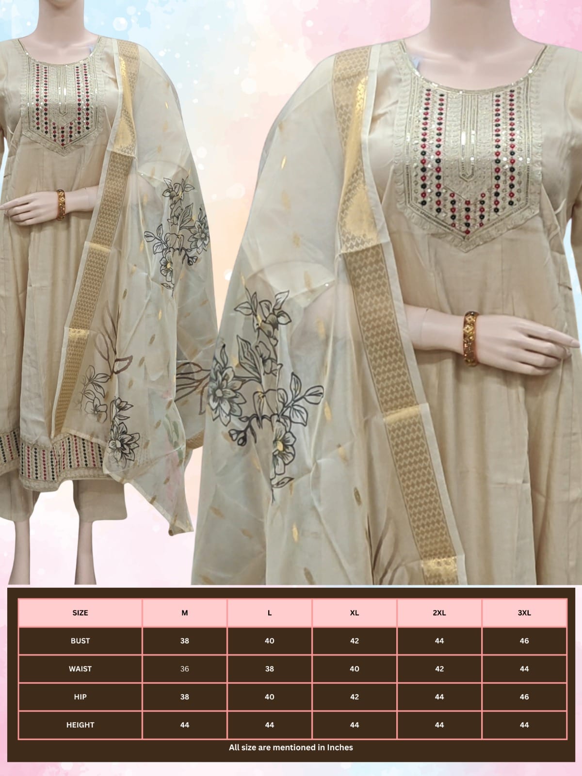 Beige embroidered traditional outfit with a size chart on a pink gradient background
