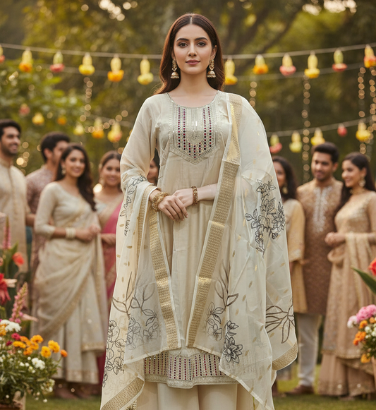 Beige embroidered traditional outfit with a size chart on a pink gradient background
