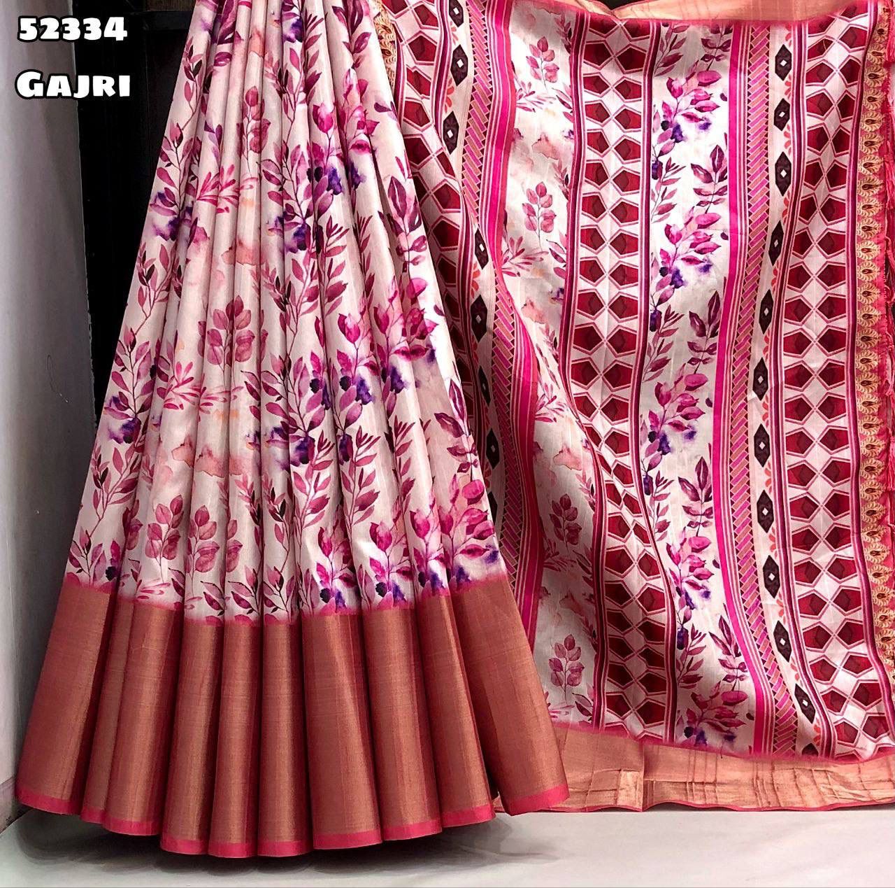 Handloom Tussar Silk Saree with Floral Digital Print & 9 Inch Zari Border-52334