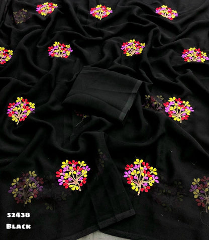 Black Georgette Saree with Floral Multi Embroidery Work & Tassel – Rafia Fashions-