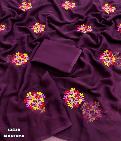 Magenta Georgette Saree with Floral Multi Embroidery Work & Tassel – Rafia Fashions-