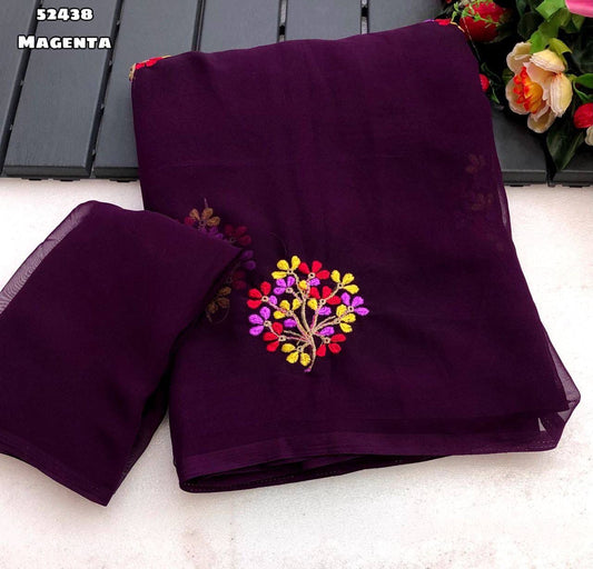 Magenta Georgette Saree with Floral Multi Embroidery Work & Tassel – Rafia Fashions