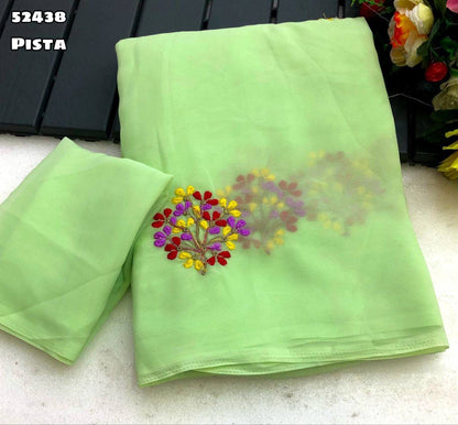 Pista Green Georgette Saree with Floral Multi Embroidery Work & Tassel – Rafia Fashions