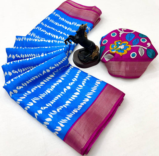 Premium Handloom Cotton Silk Saree with zari border and floral design on border-blue