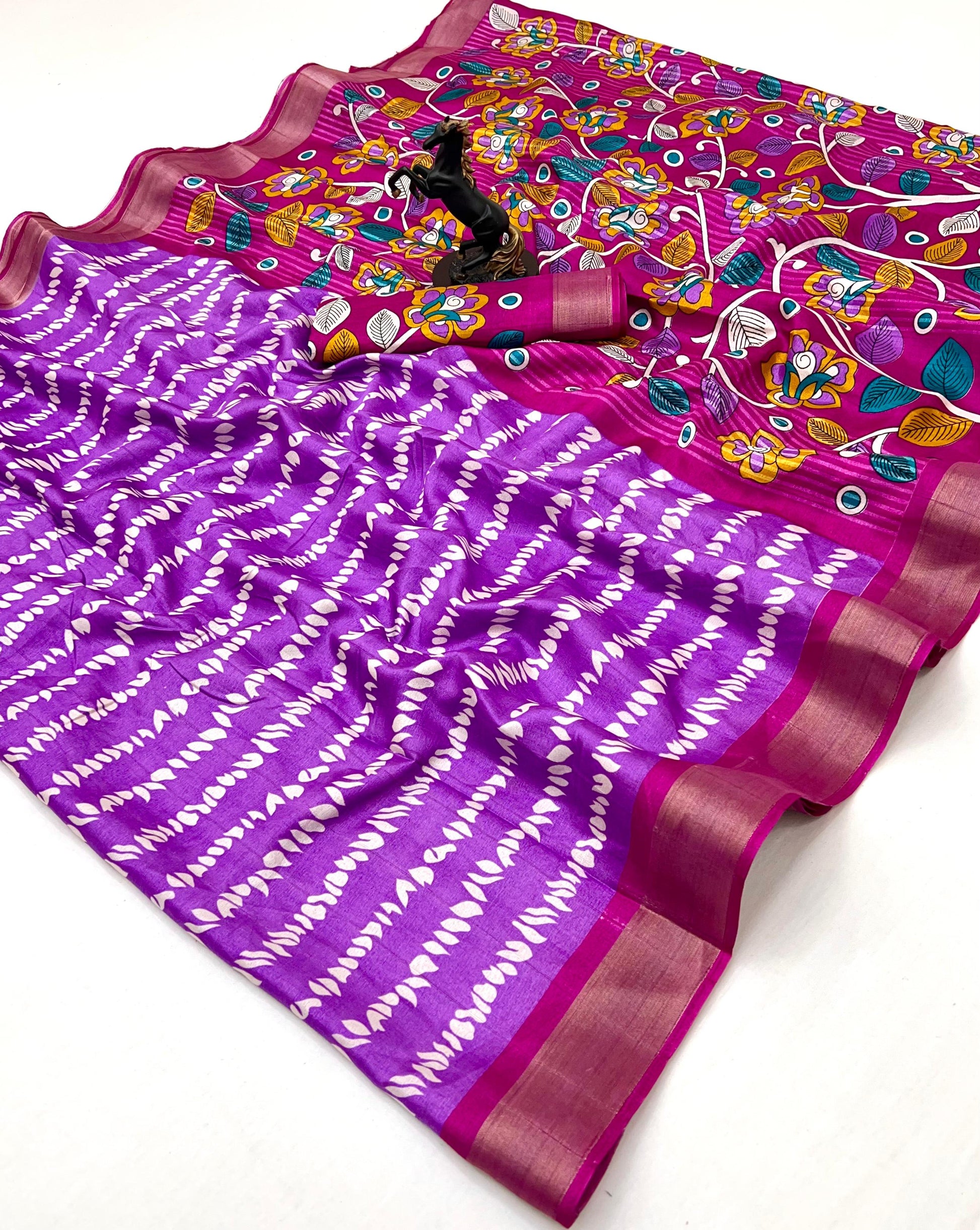 Premium Handloom Cotton Silk Saree with zari border and floral design on border-lav