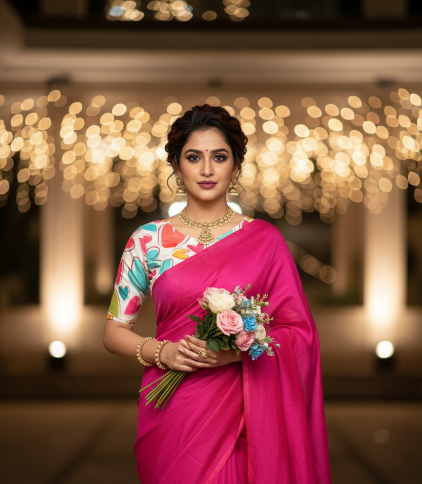 Woman in a bright pink saree holding flowers with a blurred background of lights