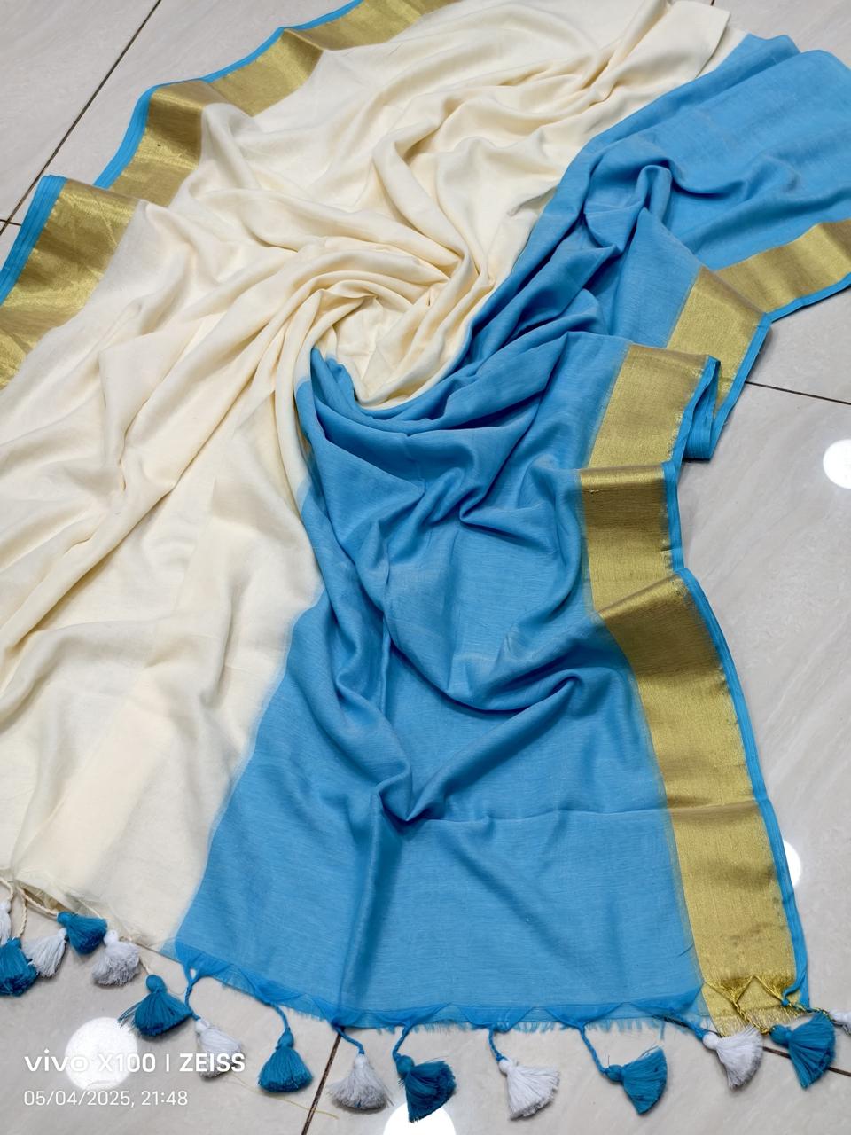 Pure Handloom Mul Mul Cotton Saree – Double Color with Gold Border Design, Premium Quality, No Blouse Piece-blue-