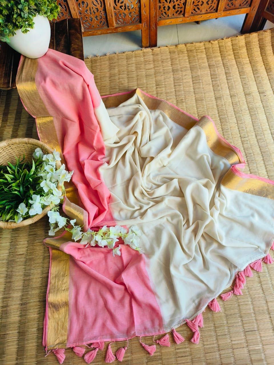 Pure Handloom Mul Mul Cotton Saree – Double Color with Gold Border Design, Premium Quality, No Blouse Piece-bypink