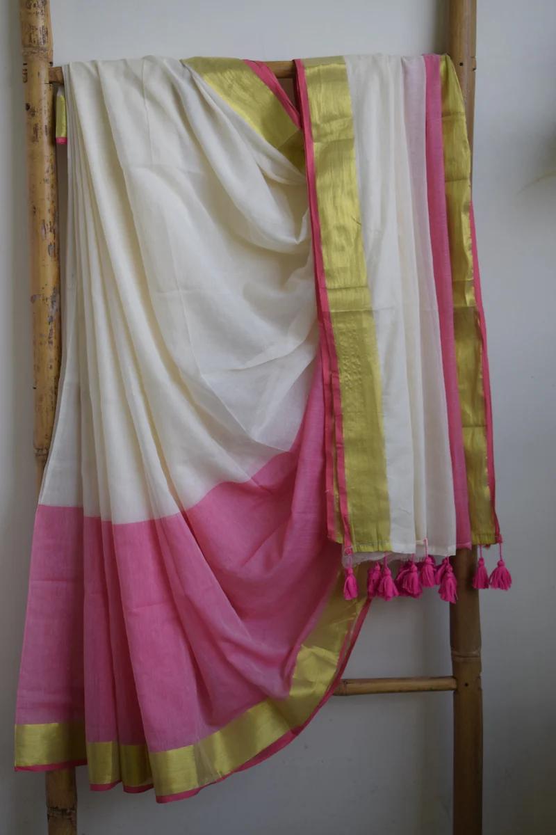 Pure Handloom Mul Mul Cotton Saree – Double Color with Gold Border Design, Premium Quality, No Blouse Piece-pink