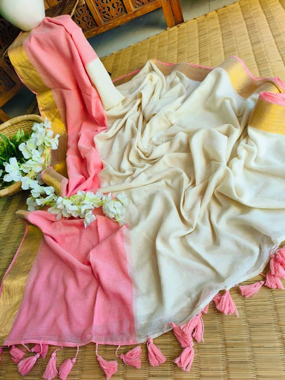 Pure Handloom Mul Mul Cotton Saree – Double Color with Gold Border Design, Premium Quality, No Blouse Piece-babypink