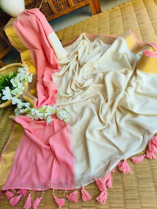 Pure Handloom Mul Mul Cotton Saree – Double Color with Gold Border Design, Premium Quality, No Blouse Piece-babypink