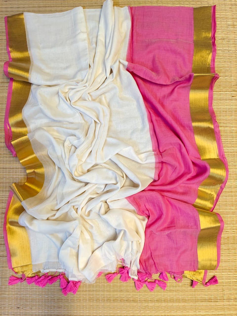 Pure Handloom Mul Mul Cotton Saree – Double Color with Gold Border Design, Premium Quality, No Blouse Piece-rose