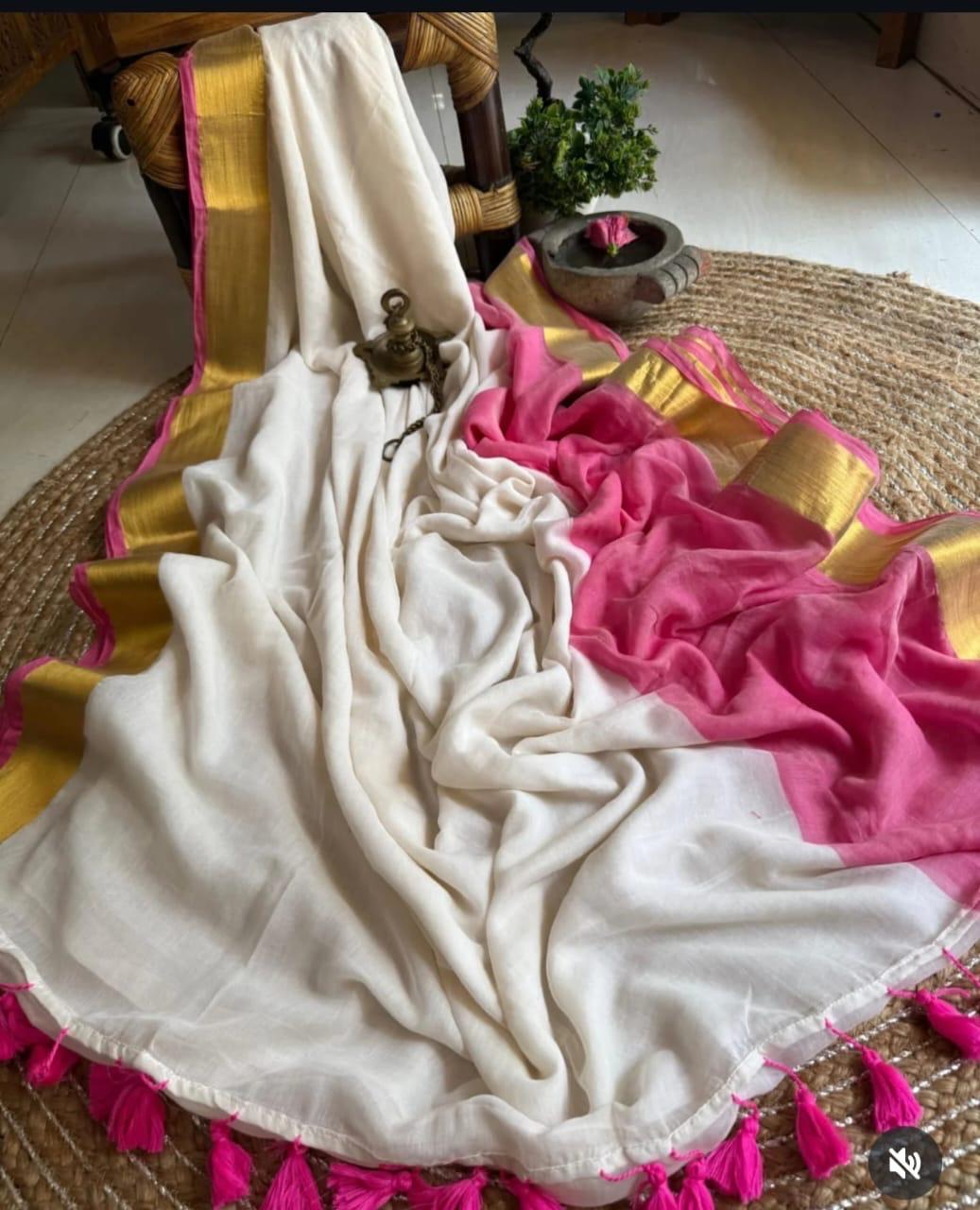 Pure Handloom Mul Mul Cotton Saree – Double Color with Gold Border Design, Premium Quality, No Blouse Piece-dark pink