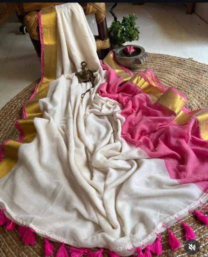Pure Handloom Mul Mul Cotton Saree – Double Color with Gold Border Design, Premium Quality, No Blouse Piece-dark pink