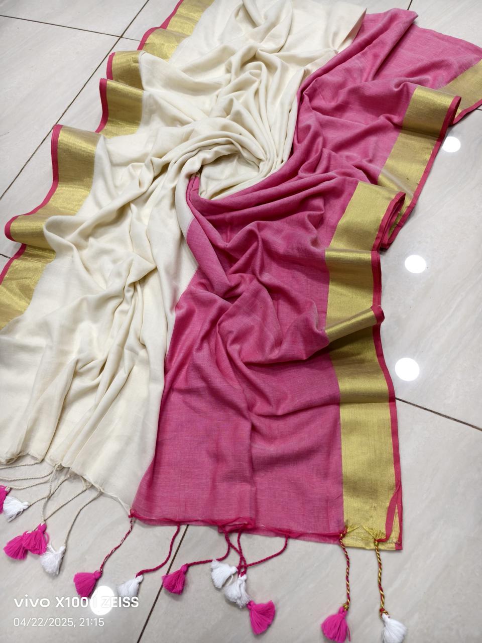 Pure Handloom Mul Mul Cotton Saree – Double Color with Gold Border Design, Premium Quality, No Blouse Piece-darkpinkk