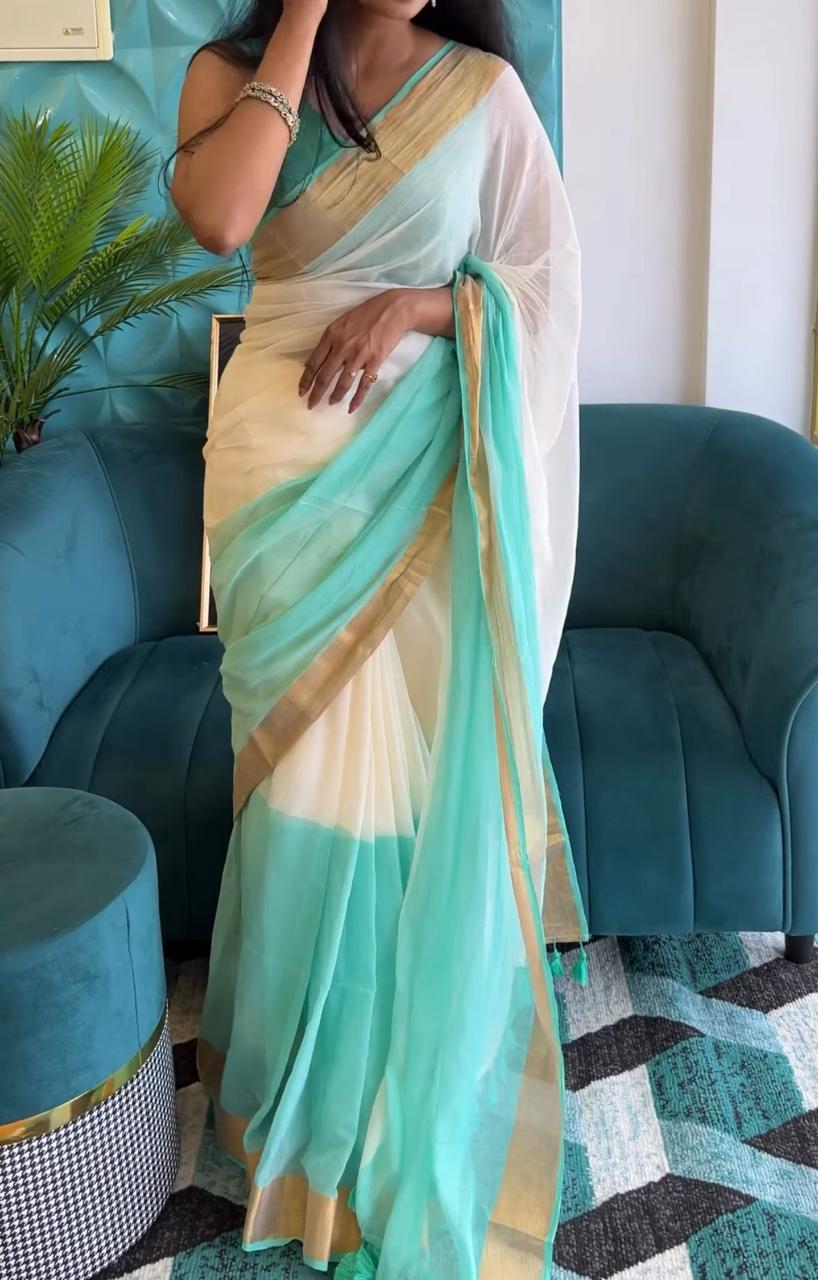 Pure Handloom Mul Mul Cotton Saree – Double Color with Gold Border Design, Premium Quality, No Blouse Piece-sky