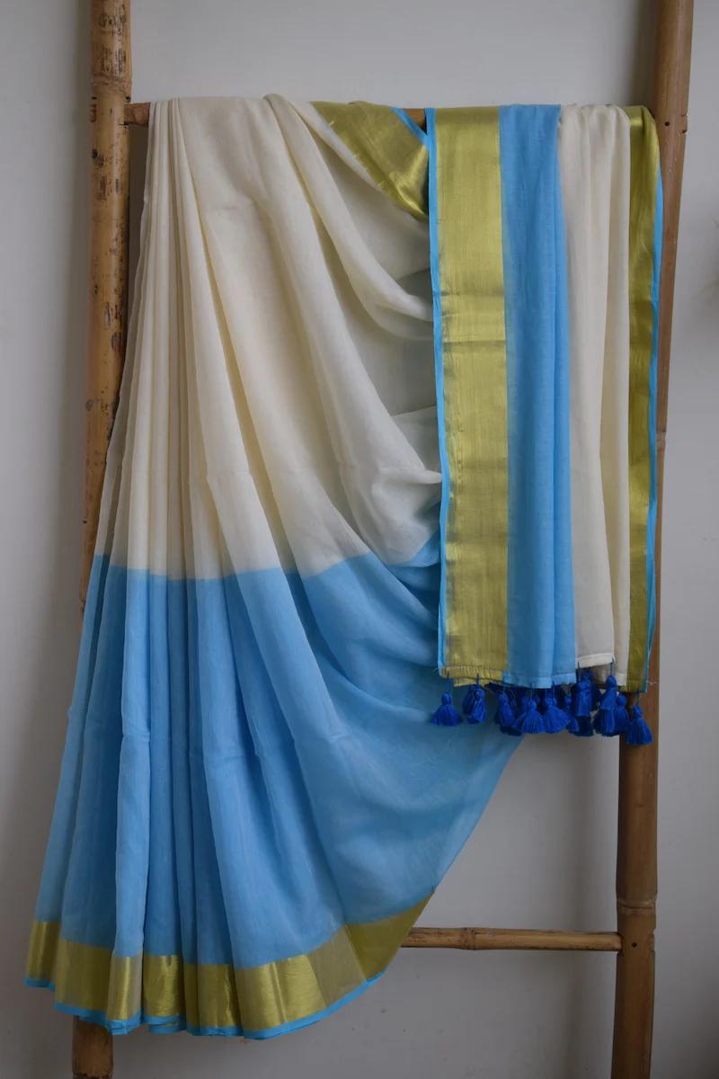 Pure Handloom Mul Mul Cotton Saree – Double Color with Gold Border Design, Premium Quality, No Blouse Piece-blue
