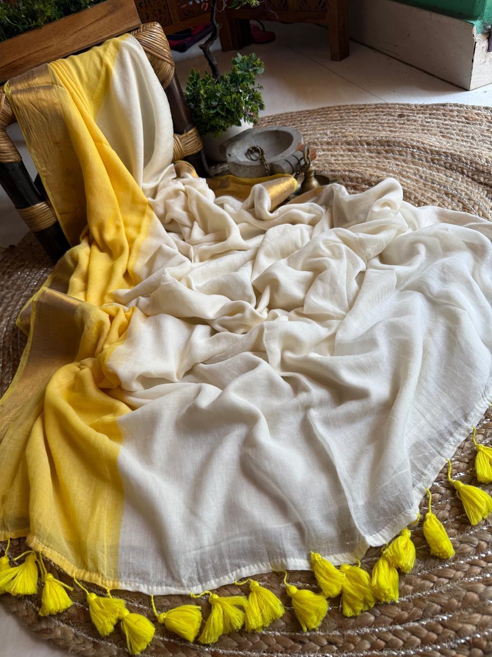 Pure Handloom Mul Mul Cotton Saree – Double Color with Gold Border Design, Premium Quality, No Blouse Piece-yellow-