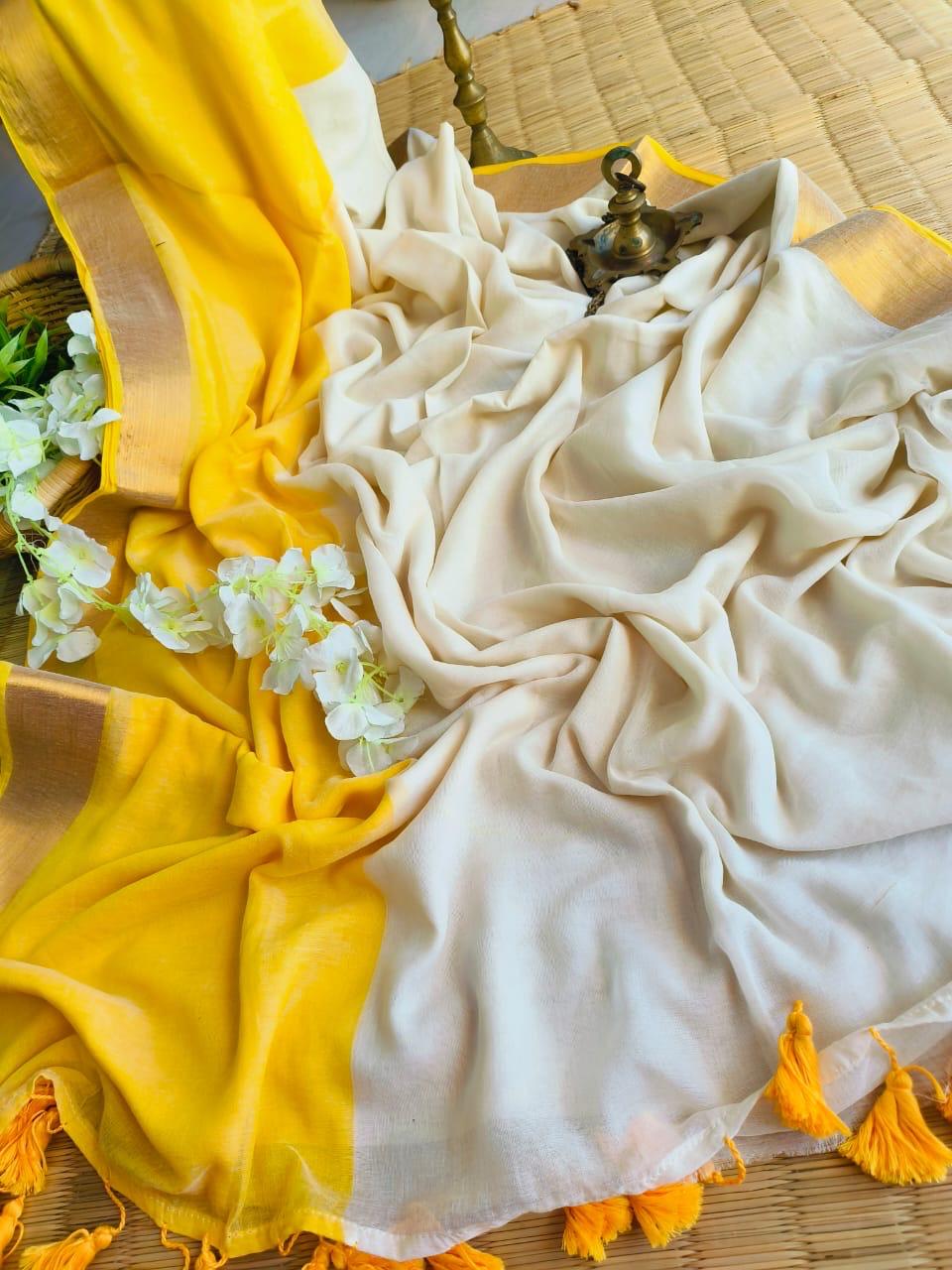 Pure Handloom Mul Mul Cotton Saree – Double Color with Gold Border Design, Premium Quality, No Blouse Piece-yellow