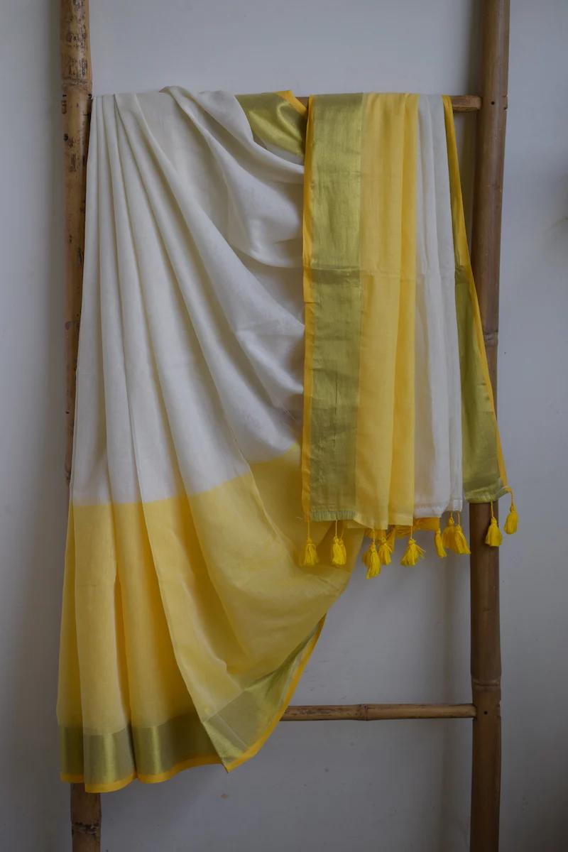 Pure Handloom Mul Mul Cotton Saree – Double Color with Gold Border Design, Premium Quality, No Blouse Piece-yellw