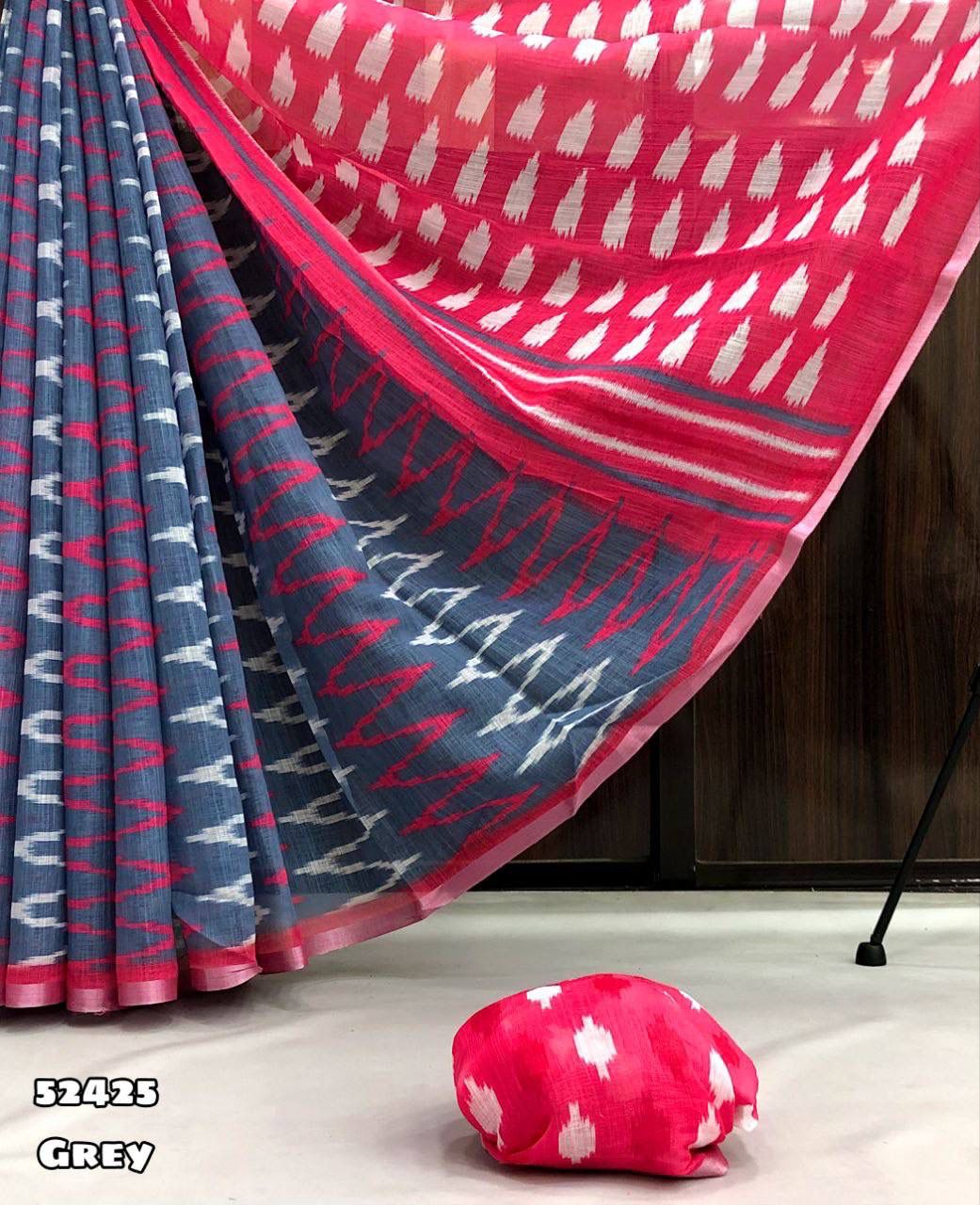 Ikkat Pochampalli Linen Cotton Saree with Contrast Pallu and Matching Blouse