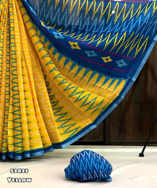 Ikkat Pochampalli Linen Cotton Saree with Contrast Pallu and Matching Blouse
