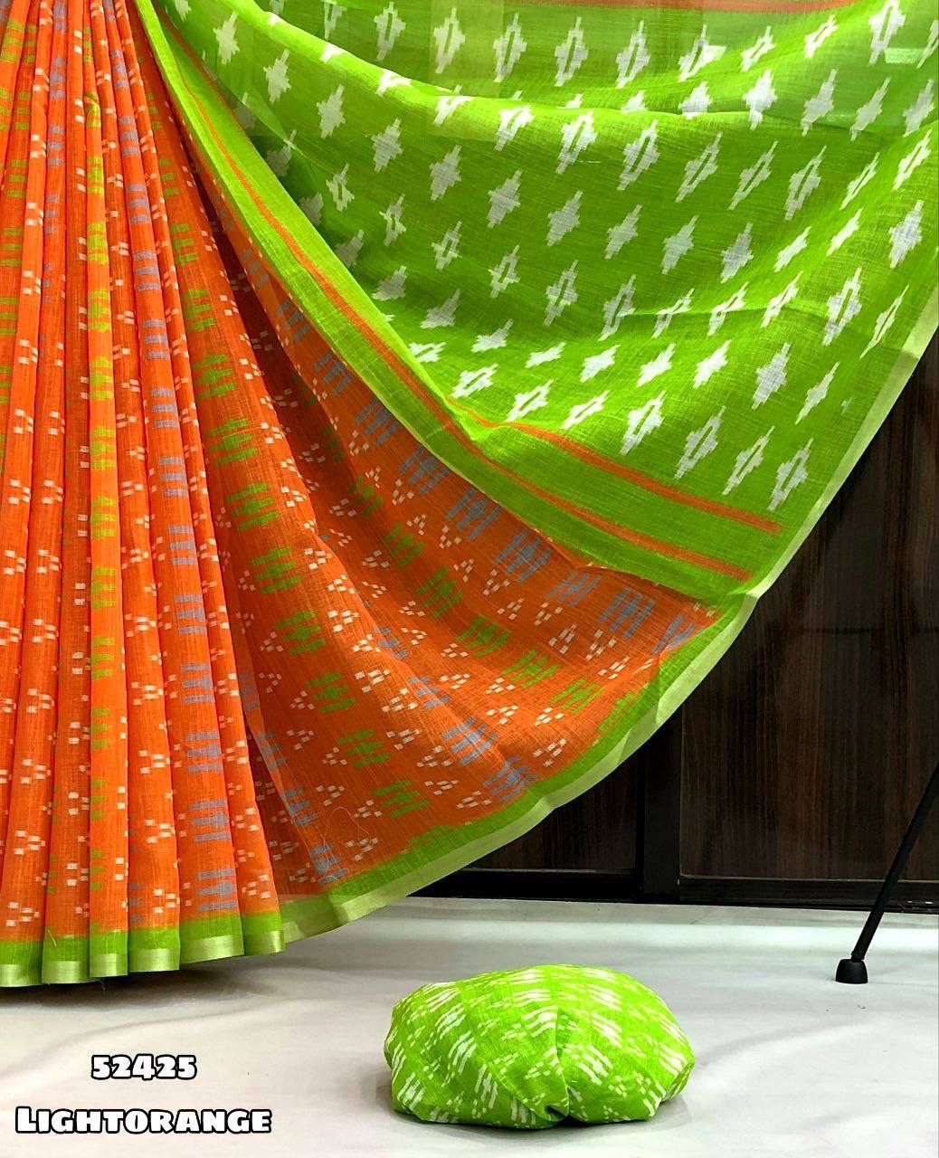 Ikkat Pochampalli Linen Cotton Saree with Contrast Pallu and Matching Blouse