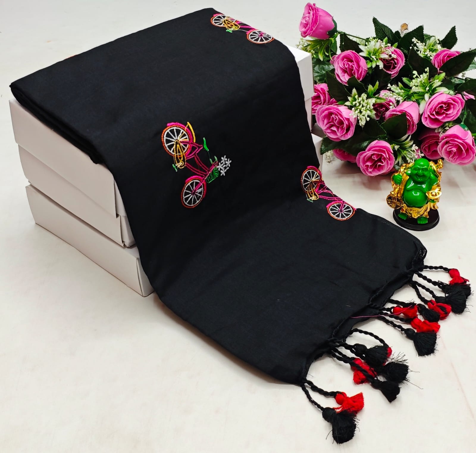 Pure Khadi Handloom Cotton Saree with Embroidery Work and Running Blouse –Black